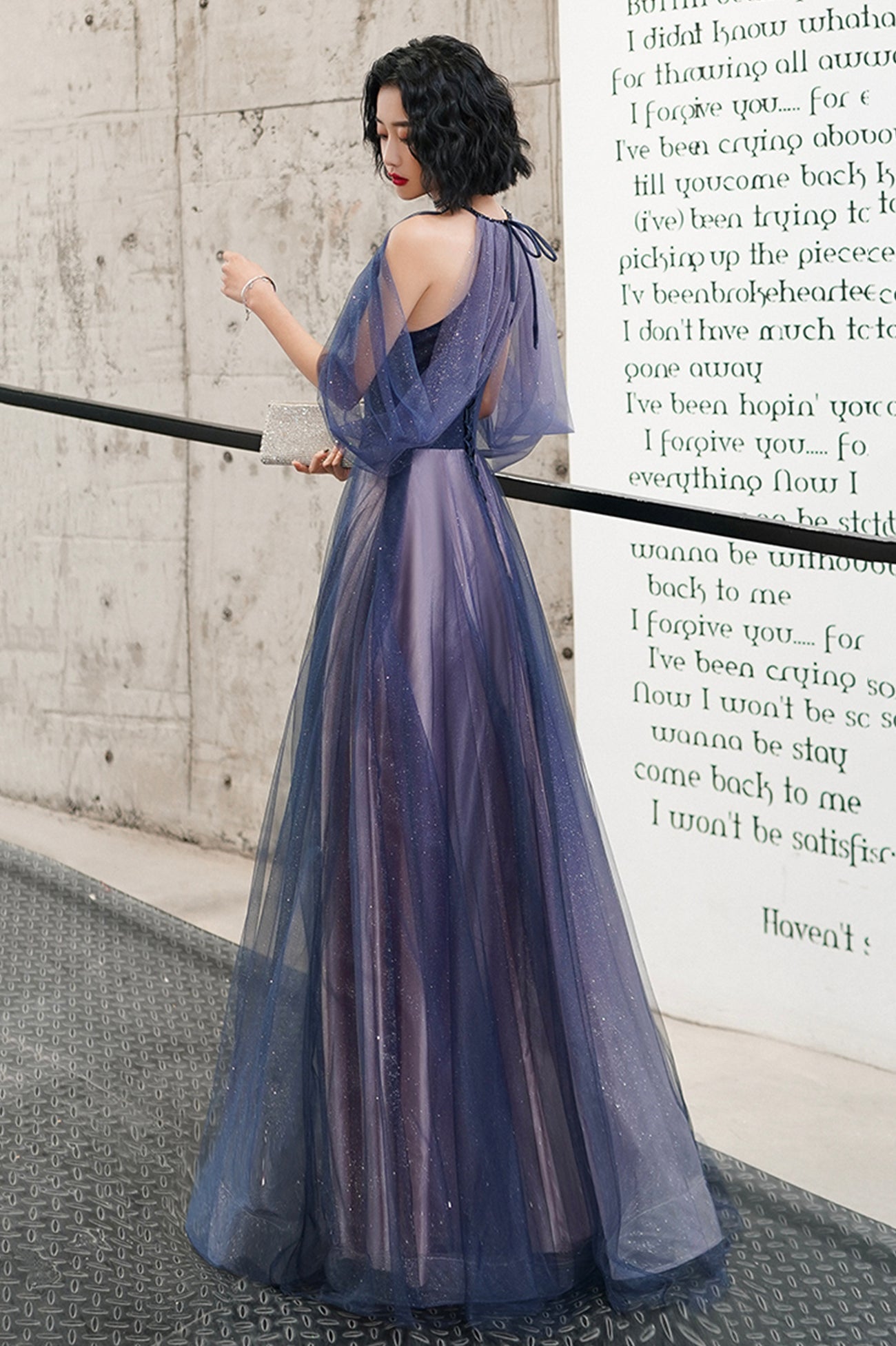 Blue Tulle Long A-Line Prom Dress, Off the Shoulder Evening Graduation Dress