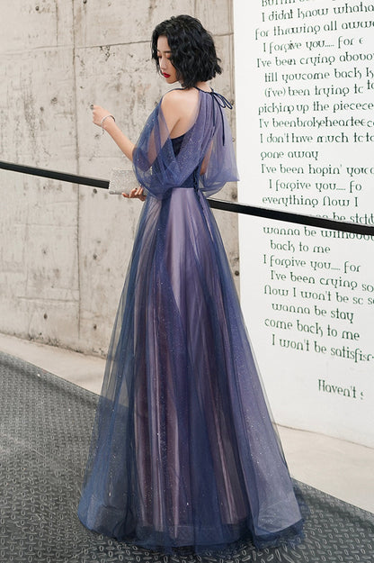 Blue Tulle Long A-Line Prom Dress, Off the Shoulder Evening Graduation Dress