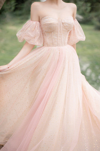 Pink Tulle Off the Shoulder Prom Dress, Cute A-Line Graduation Dress