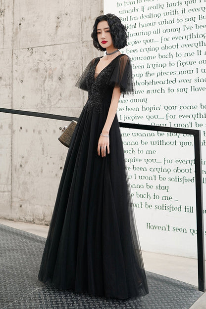 Black V-Neck Tulle Long Prom Dress, Black A-Line Formal Evening Dress