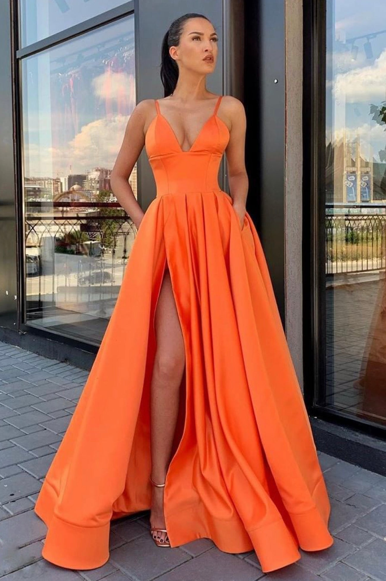 Simple Satin Long A-Line Prom Dress, V-Neck Evening Dress with Slit