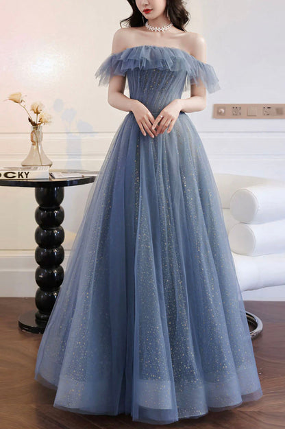 Blue Tulle Off Shoulder Long Formal Dress with Bow, A-Line Evening Gown