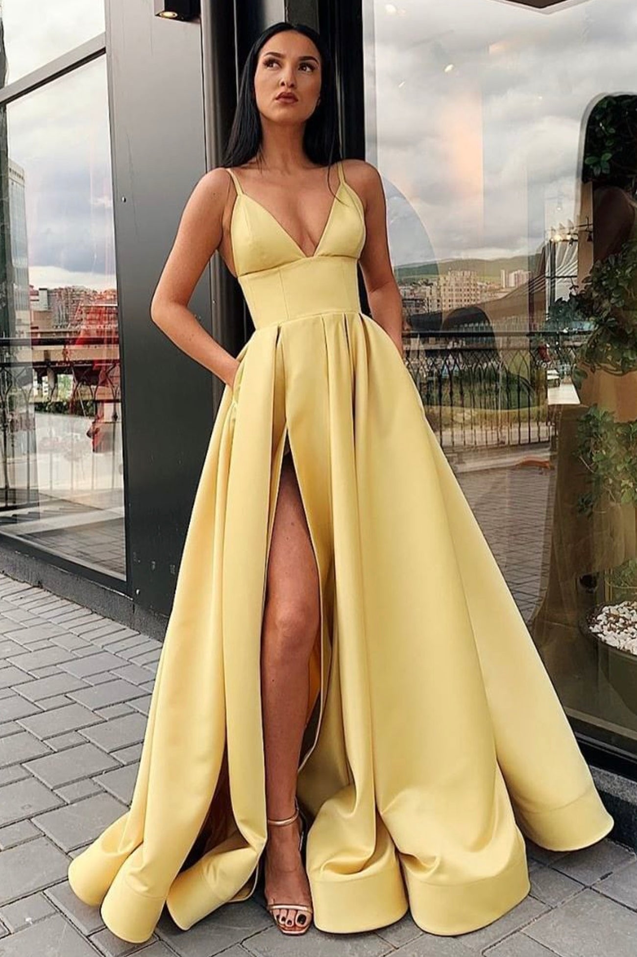 Simple Satin Long A-Line Prom Dress, V-Neck Evening Dress with Slit