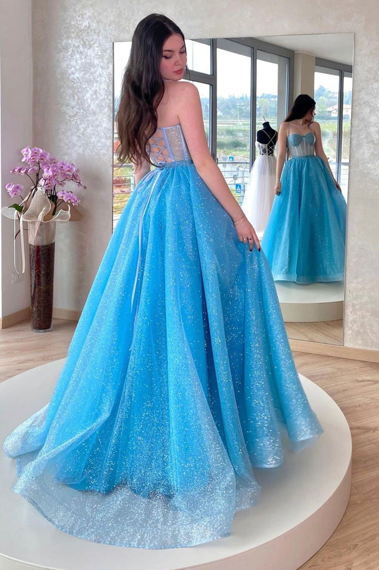 Blue Tulle Long A-Line Prom Dress, Blue Lace-Up Evening Dress with Corset