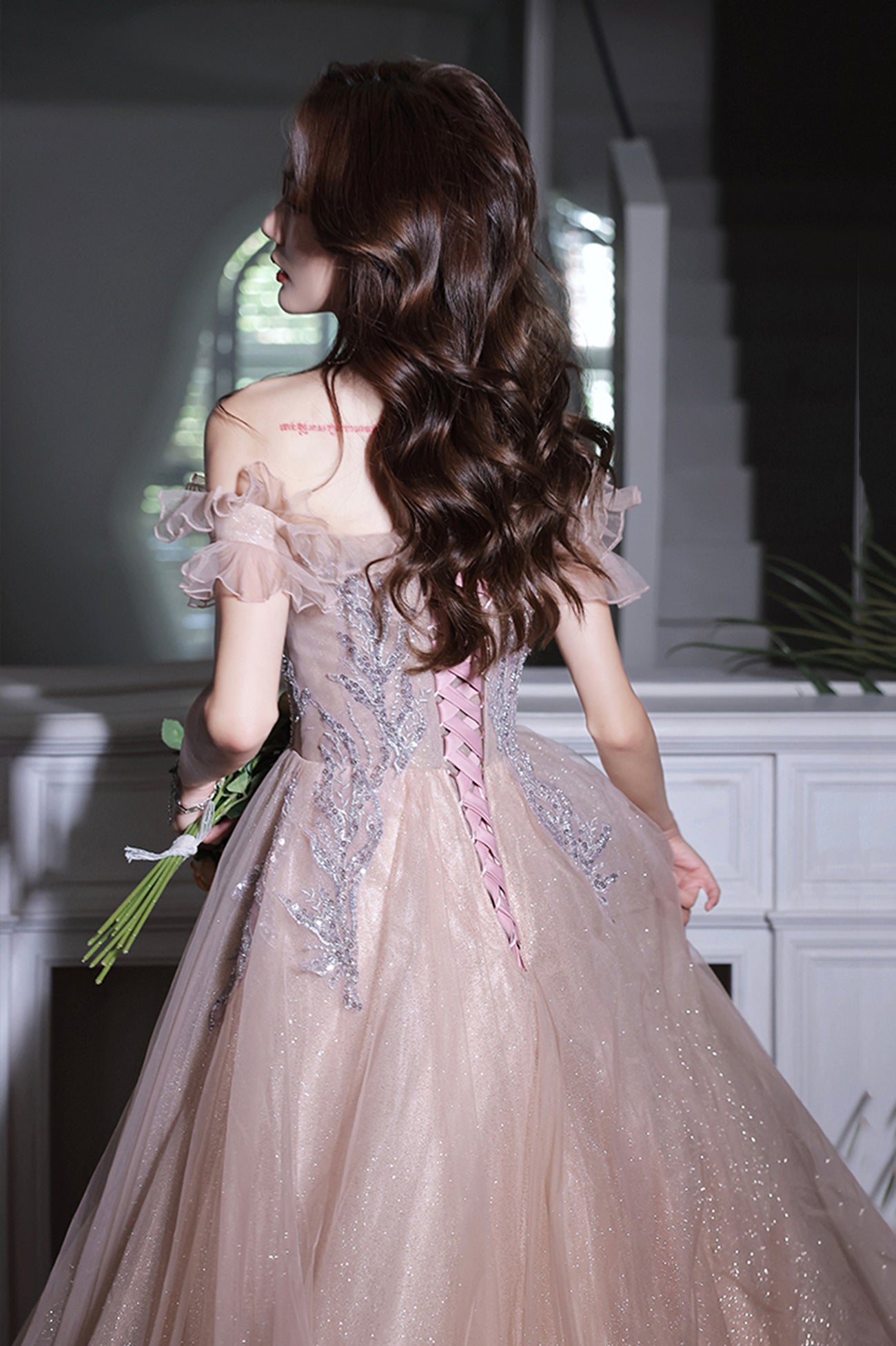 Off the Shoulder Tulle Beaded Long Prom Dress, A-Line Evening Party Dress