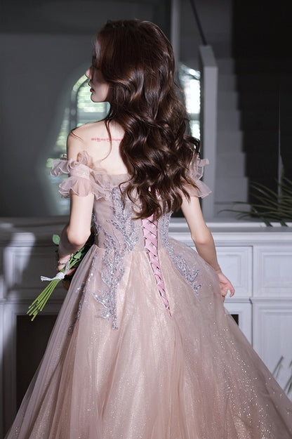 Off the Shoulder Tulle Beaded Long Prom Dress, A-Line Evening Party Dress