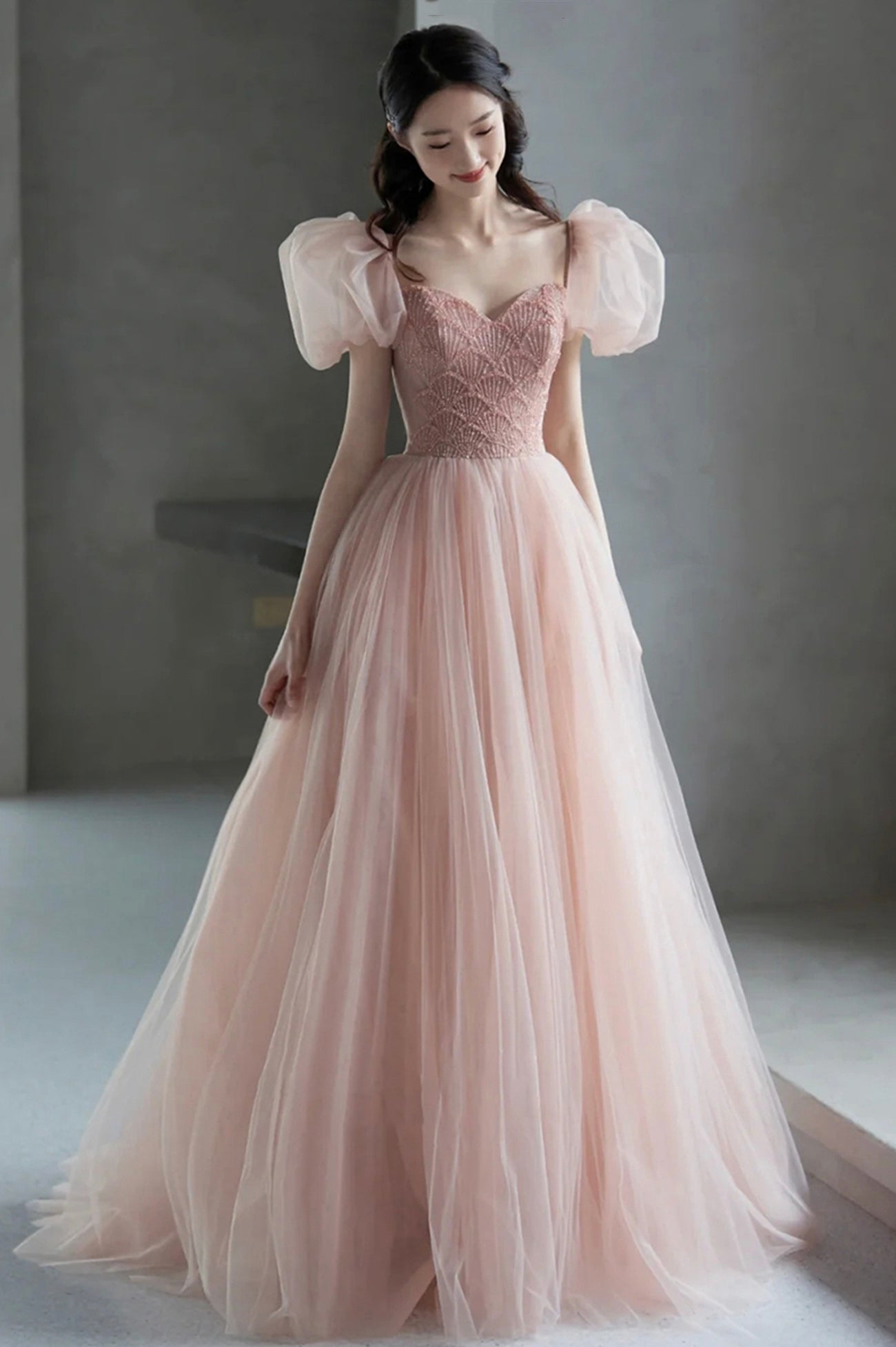 Pink Tulle Long A-Line Prom Dress with Beaded, Lovely Puff Sleeve Evening Dress