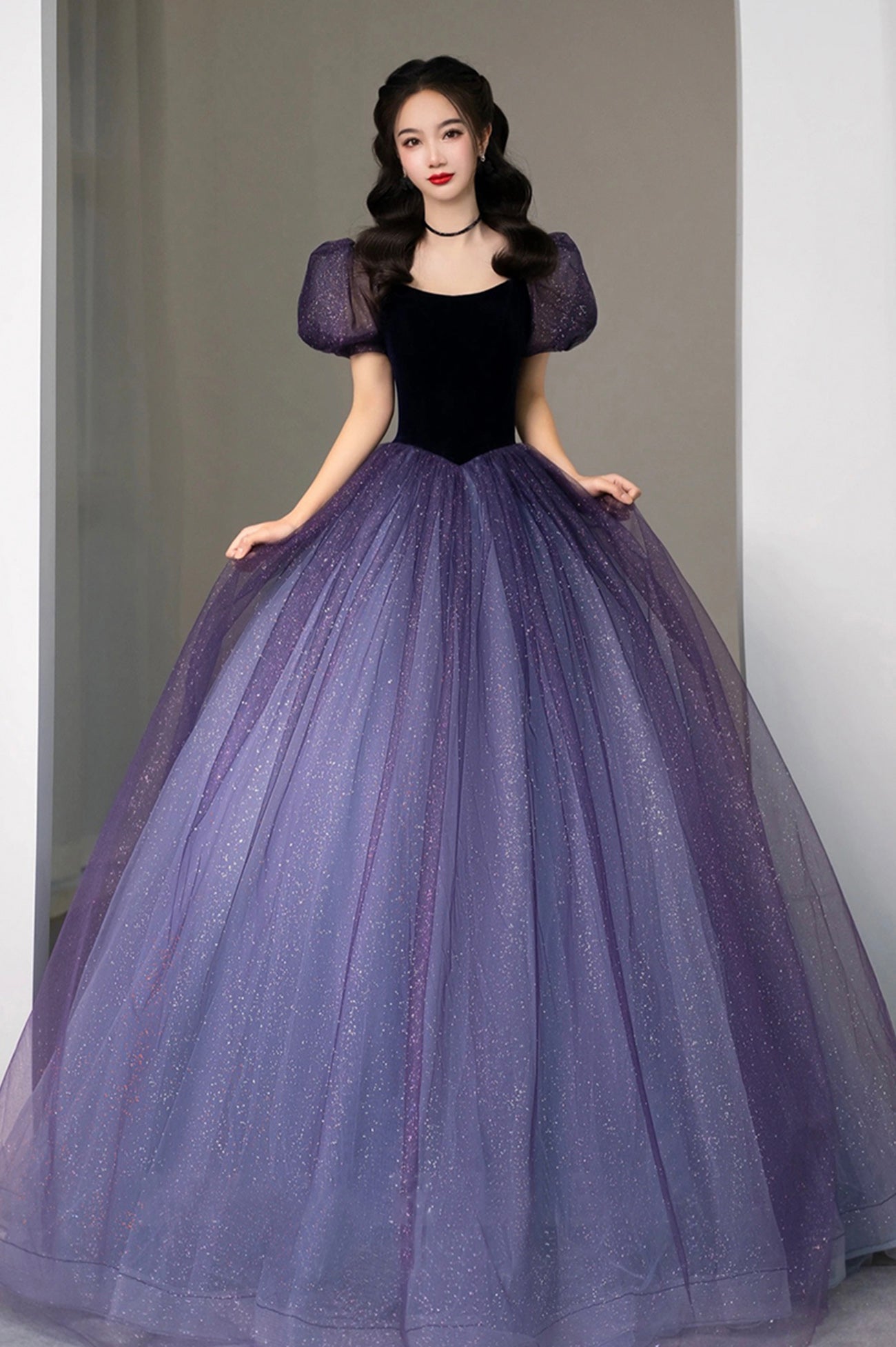 Purple Tulle Long Princess Dress, Cute Short Sleeve Formal Evening Dress
