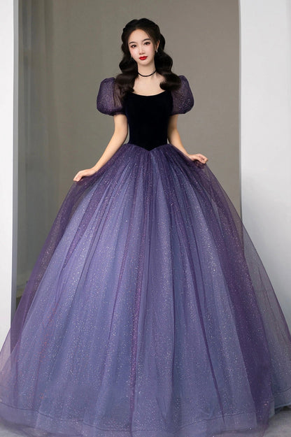 Purple Tulle Long Princess Dress, Cute Short Sleeve Formal Evening Dress