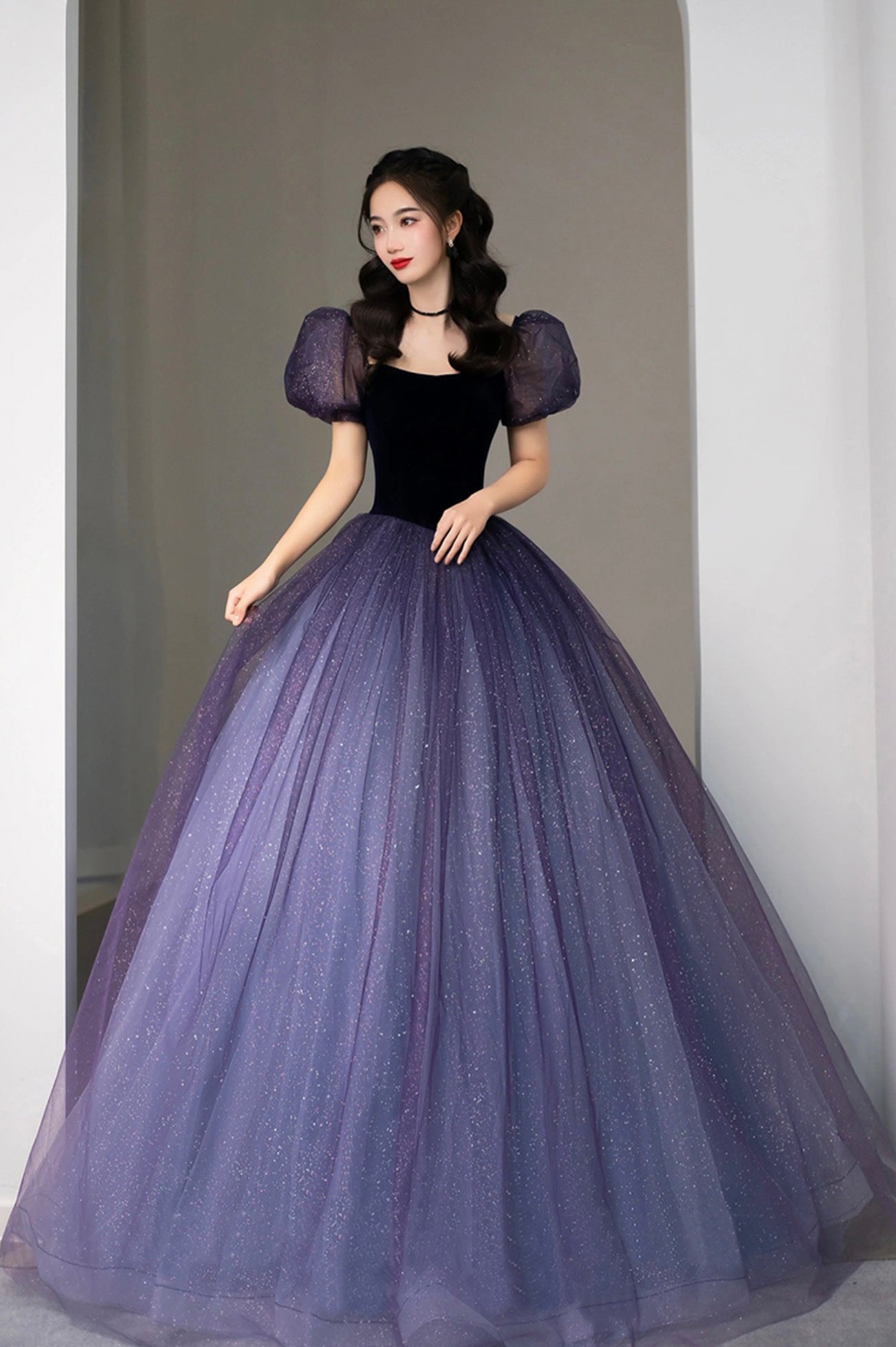 Purple Tulle Long Princess Dress, Cute Short Sleeve Formal Evening Dress