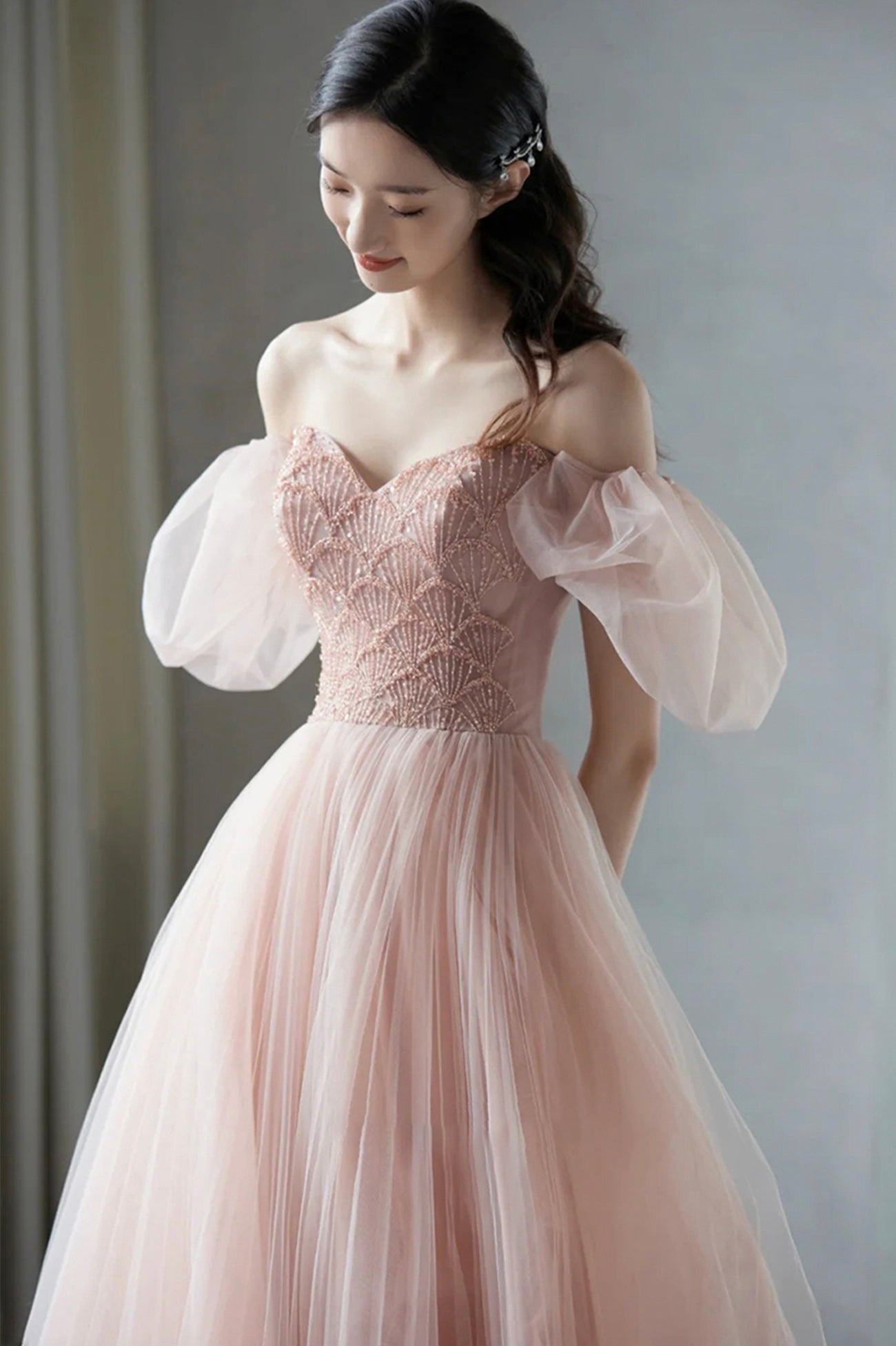 Pink Tulle Long A-Line Prom Dress with Beaded, Lovely Puff Sleeve Evening Dress