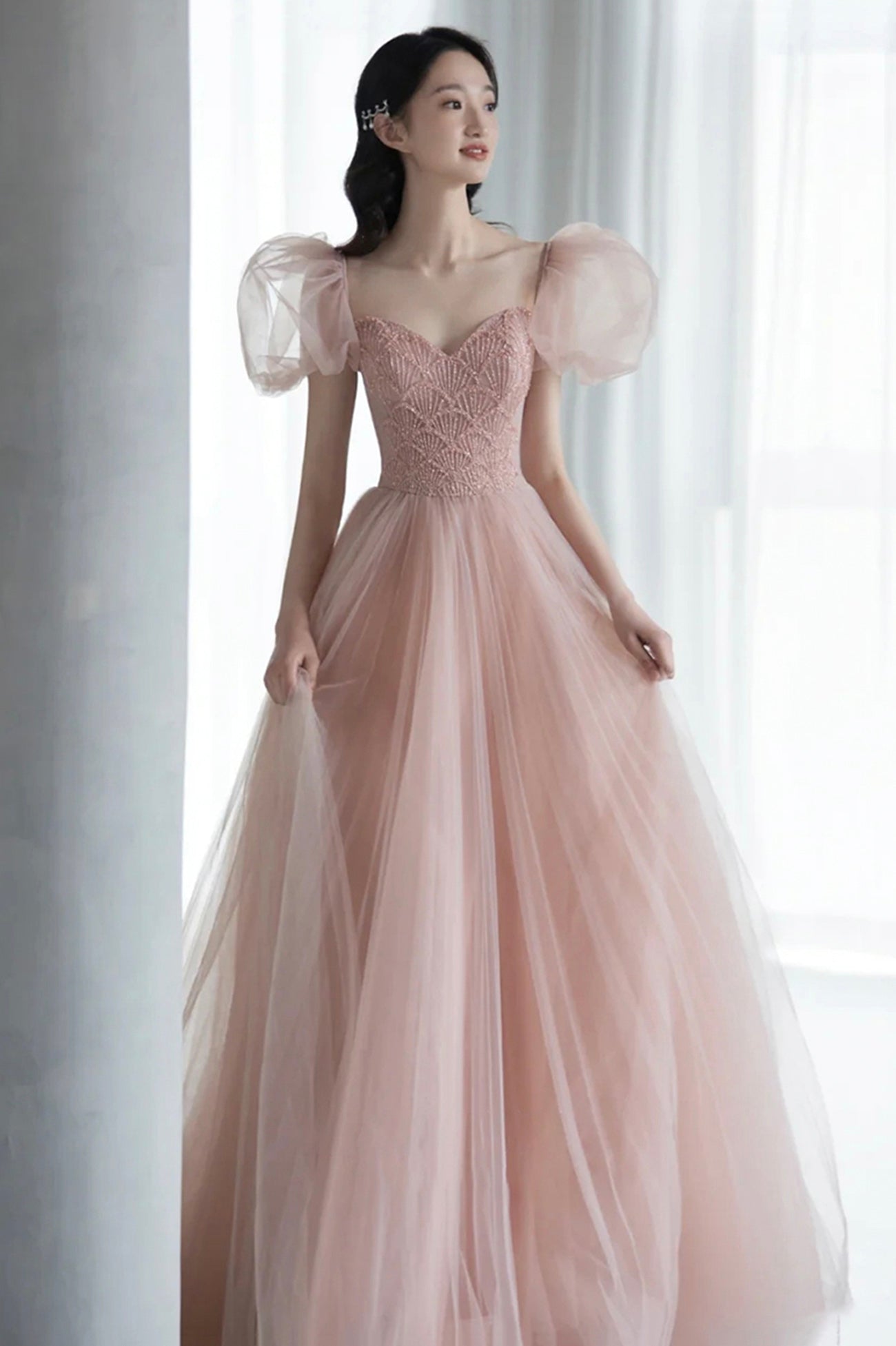 Pink Tulle Long A-Line Prom Dress with Beaded, Lovely Puff Sleeve Evening Dress