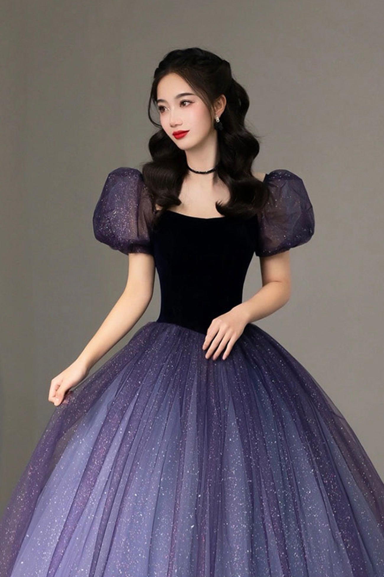 Purple Tulle Long Princess Dress, Cute Short Sleeve Formal Evening Dress