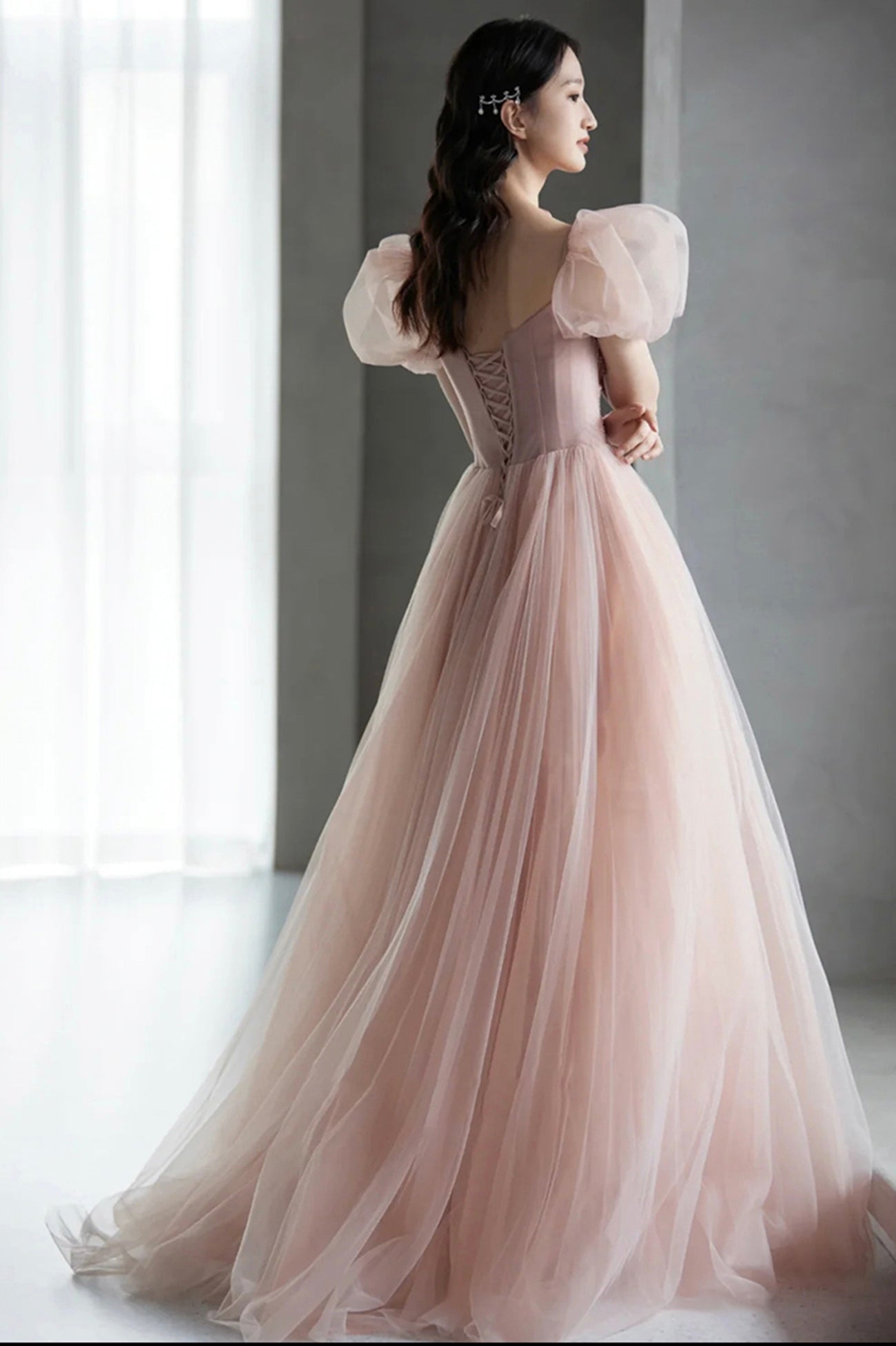 Pink Tulle Long A-Line Prom Dress with Beaded, Lovely Puff Sleeve Evening Dress