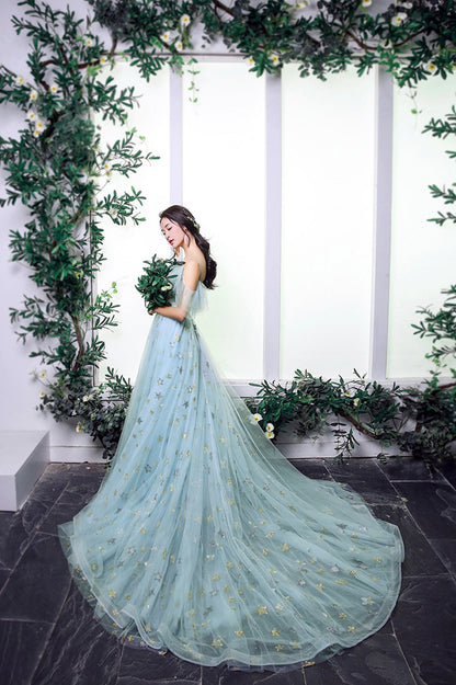 Blue Tulle Long A-Line Prom Dress with Stars, Off the Shoulder Evening Party Dress