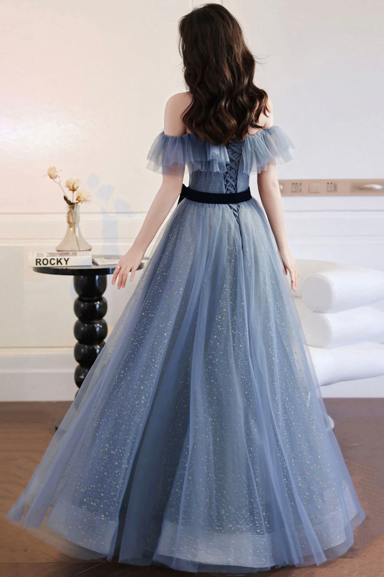 Blue Tulle Off Shoulder Long Formal Dress with Bow, A-Line Evening Gown