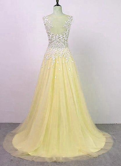 Yellow Tulle with Applique Long Party Dress, Charming Junior Prom Dress KS5990