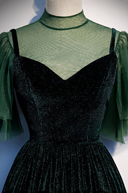 Green Velvet Long A-Line Prom Dress, Green Formal Evening Dress