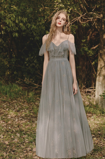 A-Line V-Neck Tulle Long Prom Dress, Gray Spaghetti Straps Evening Dress