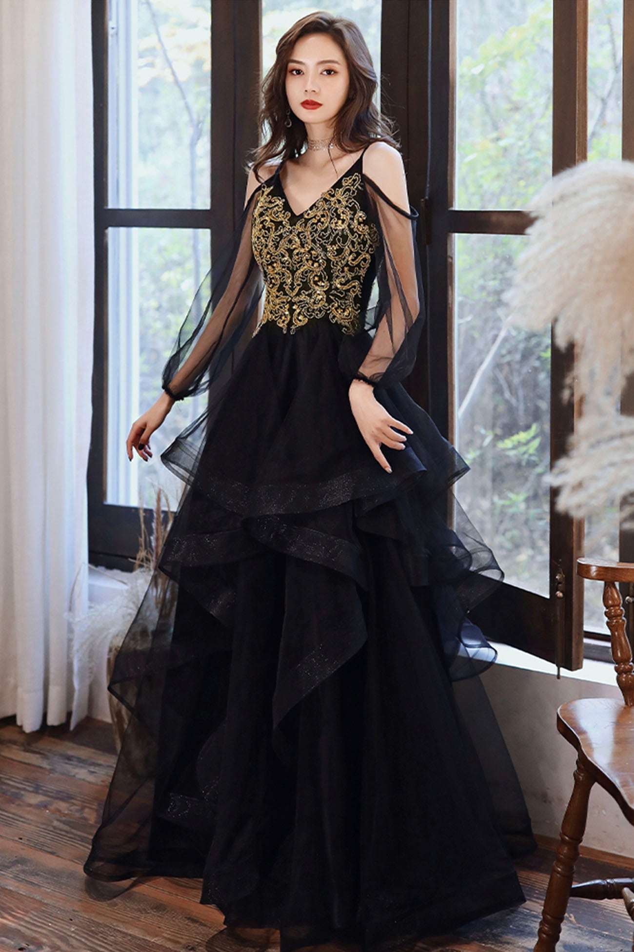 Black Spaghetti Strap Lace Long Prom Dress, Black Evening Graduation Dress