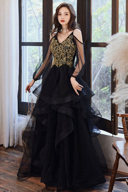 Black Spaghetti Strap Lace Long Prom Dress, Black Evening Graduation Dress