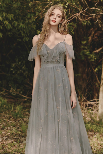 A-Line V-Neck Tulle Long Prom Dress, Gray Spaghetti Straps Evening Dress