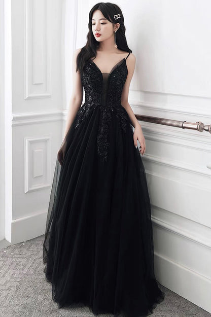 Black V-Neck Tulle Lace Long Prom Dress, A-Line Evening Party Dress