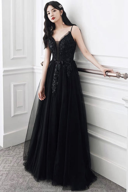Black V-Neck Tulle Lace Long Prom Dress, A-Line Evening Party Dress