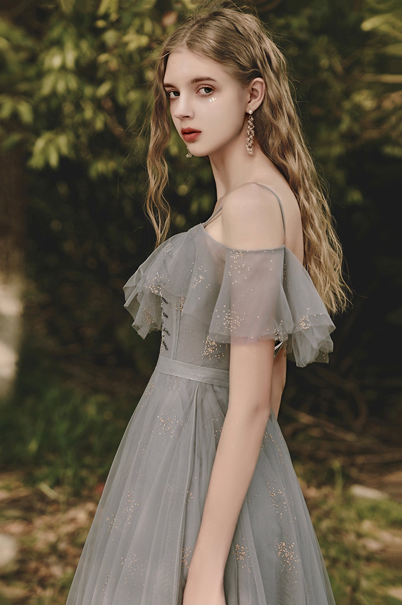 A-Line V-Neck Tulle Long Prom Dress, Gray Spaghetti Straps Evening Dress