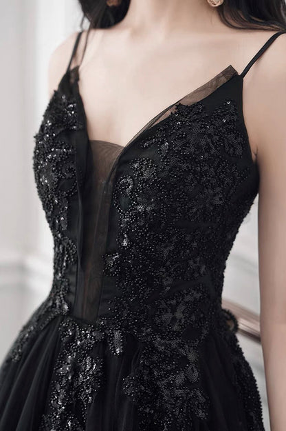 Black V-Neck Tulle Lace Long Prom Dress, A-Line Evening Party Dress