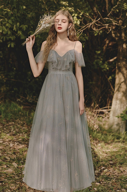 A-Line V-Neck Tulle Long Prom Dress, Gray Spaghetti Straps Evening Dress