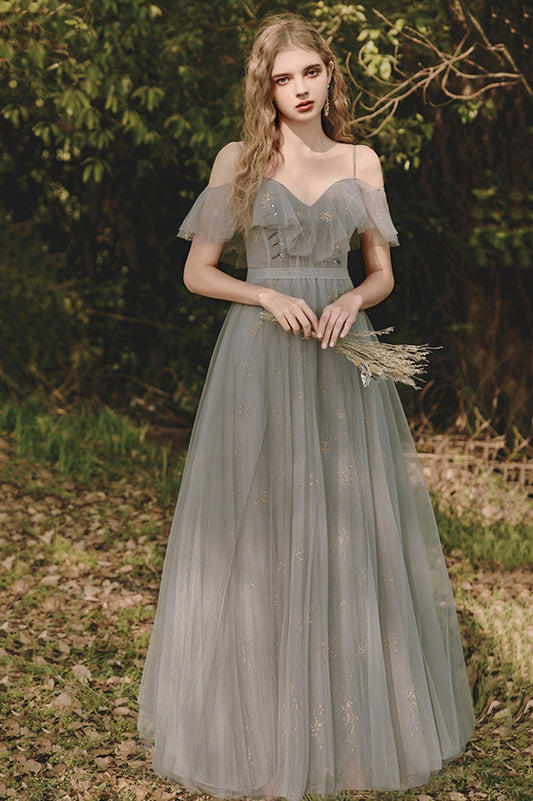 A-Line V-Neck Tulle Long Prom Dress, Gray Spaghetti Straps Evening Dress
