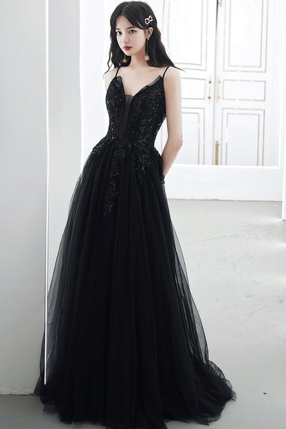 Black V-Neck Tulle Lace Long Prom Dress, A-Line Evening Party Dress