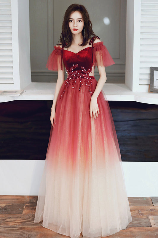 Cute Gradient Tulle Long A-Line Prom Dress, Burgundy Off the Shoulder Evening Dress