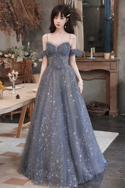 A-Line Spaghetti Straps Tulle Long Prom Dress, Cute A-Line Evening Dress
