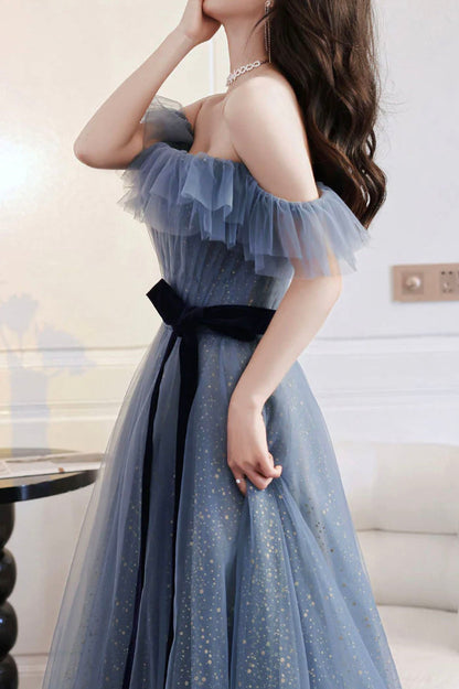 Blue Tulle Off Shoulder Long Formal Dress with Bow, A-Line Evening Gown