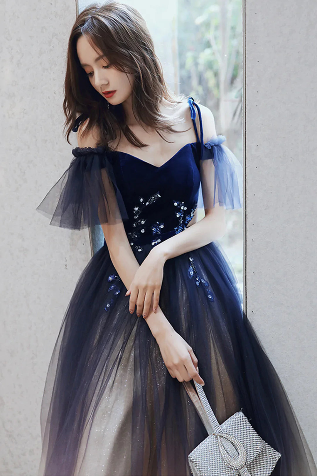 Beautiful Gradient Tulle Long Formal Dress, Blue Velvet and Lace Evening Graduation Dress