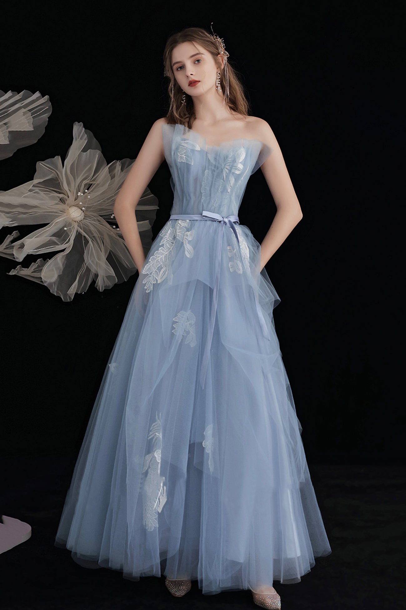 Blue Tulle Long A-Line Prom Dress with Lace, Cute Strapless Evening Party Dress
