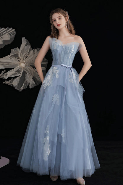 Blue Tulle Long A-Line Prom Dress with Lace, Cute Strapless Evening Party Dress