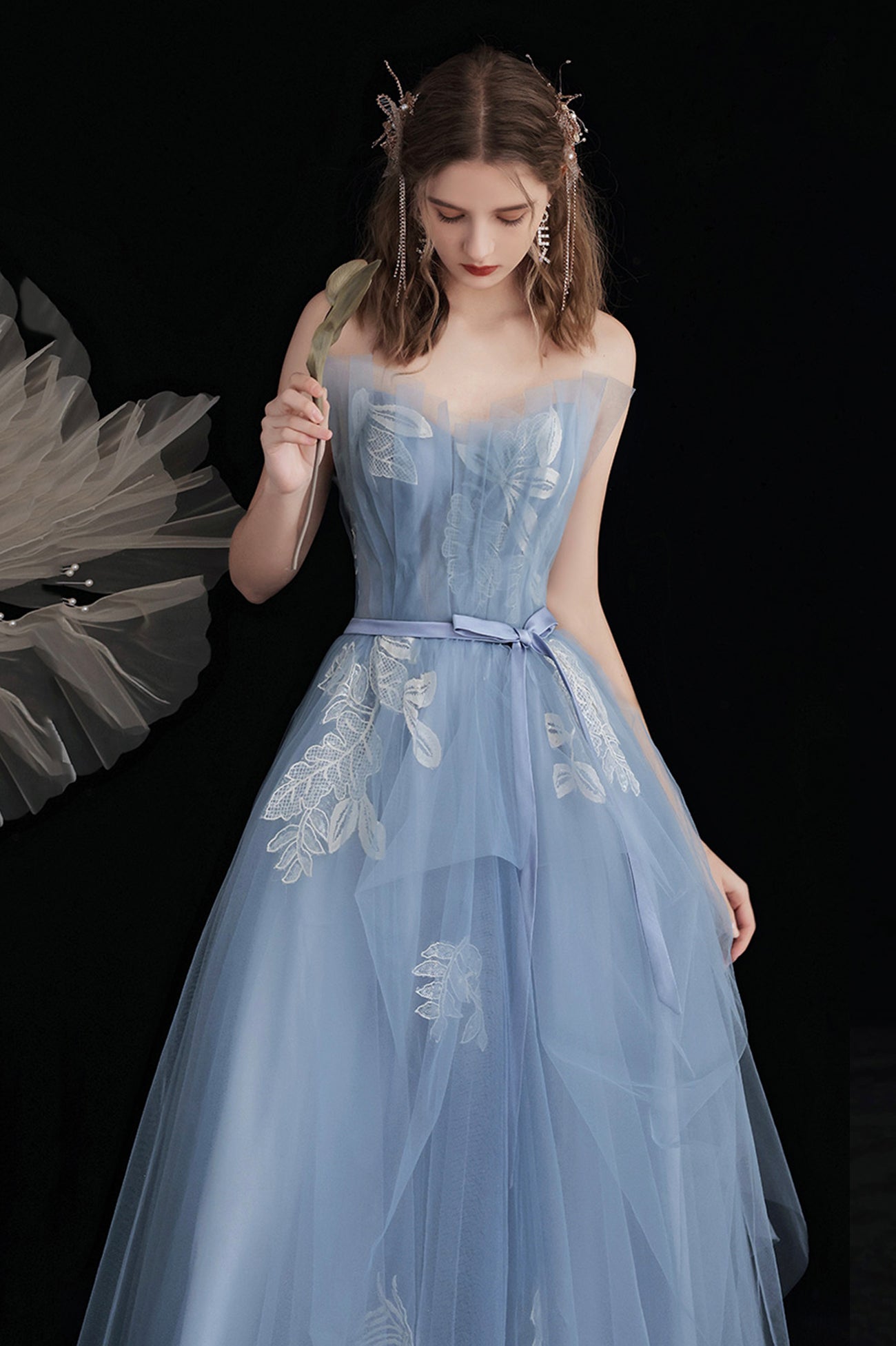 Blue Tulle Long A-Line Prom Dress with Lace, Cute Strapless Evening Party Dress