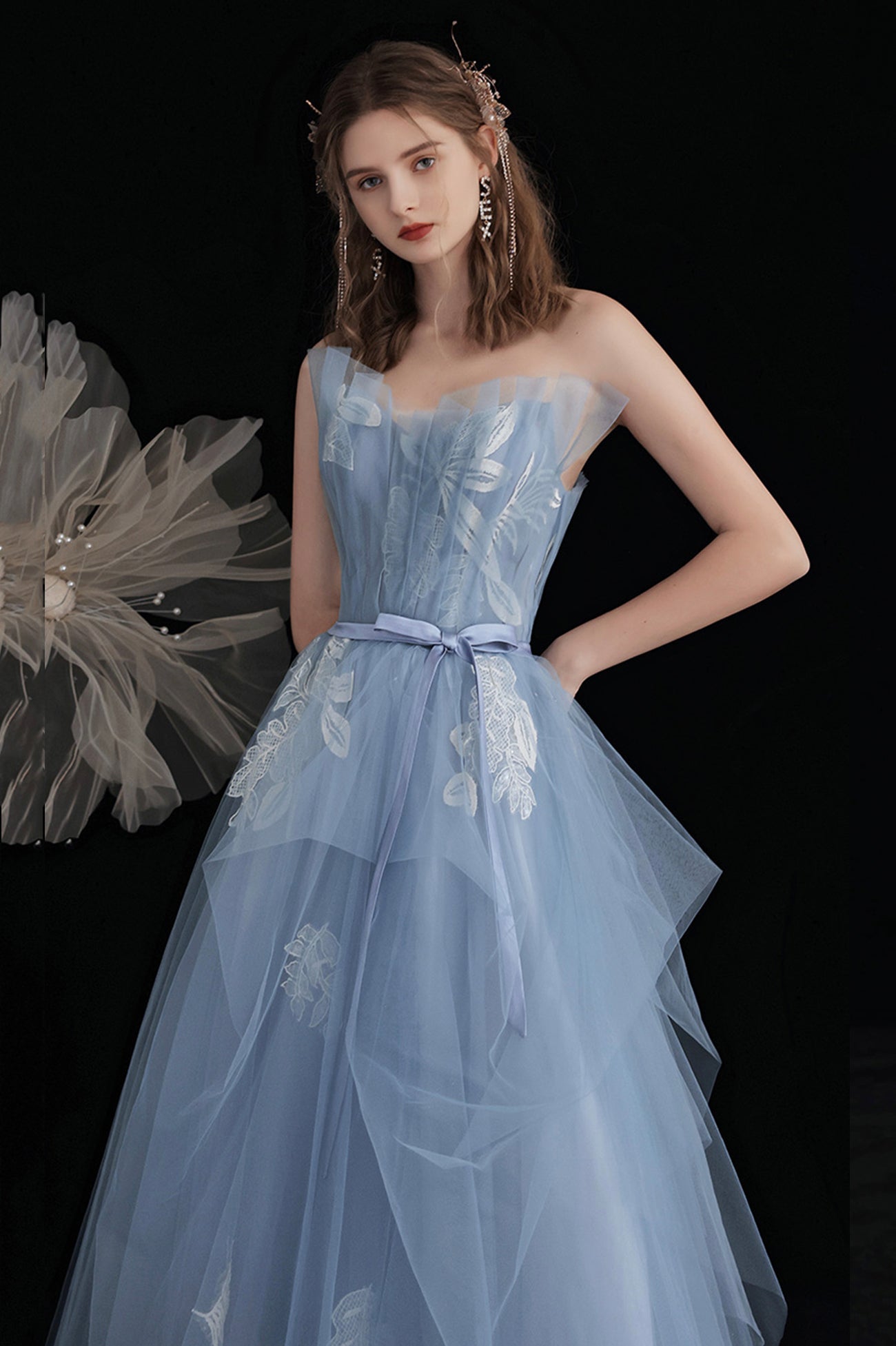 Blue Tulle Long A-Line Prom Dress with Lace, Cute Strapless Evening Party Dress