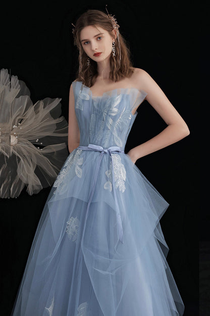 Blue Tulle Long A-Line Prom Dress with Lace, Cute Strapless Evening Party Dress