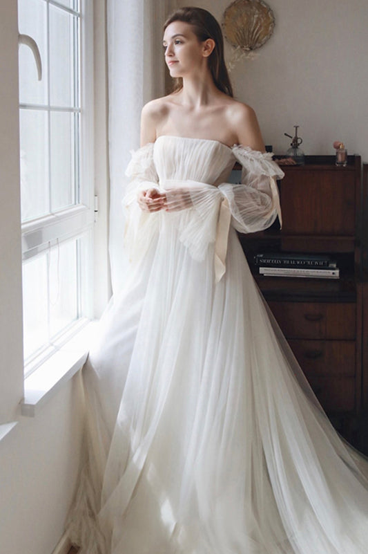 White Chiffon Long Sleeve Prom Dress, Off the Shoulder Evening Party Dress