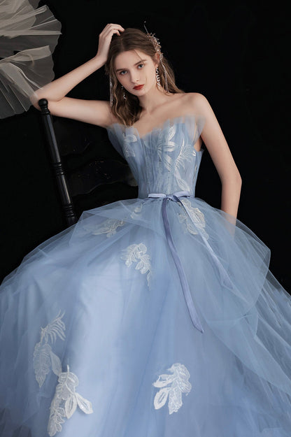 Blue Tulle Long A-Line Prom Dress with Lace, Cute Strapless Evening Party Dress