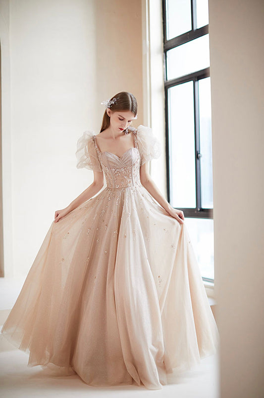 Champagne Tulle Long Prom Dress with Beaded, Cute A-Line Graduation Dress