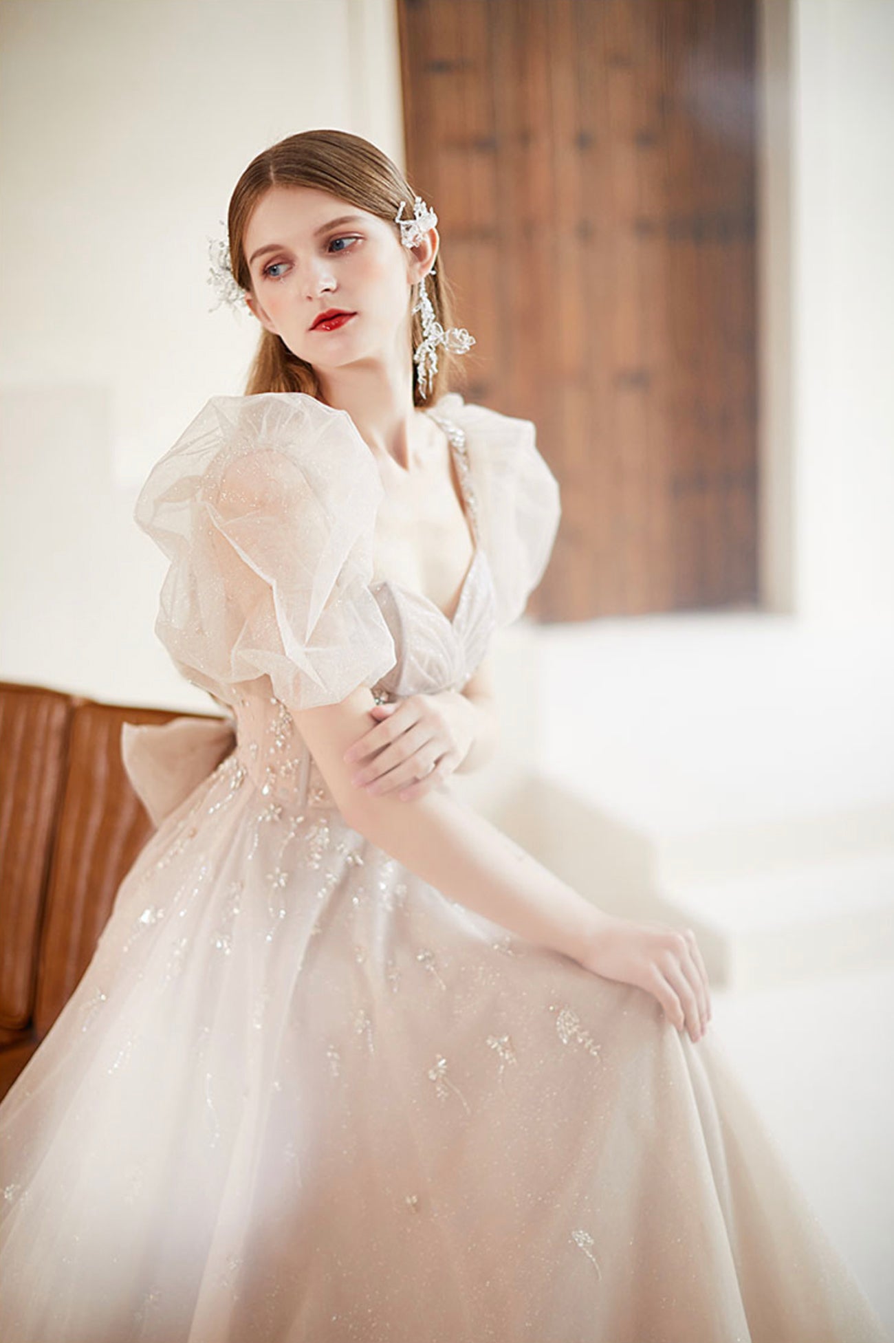 Champagne Tulle Long Prom Dress with Beaded, Cute A-Line Graduation Dress