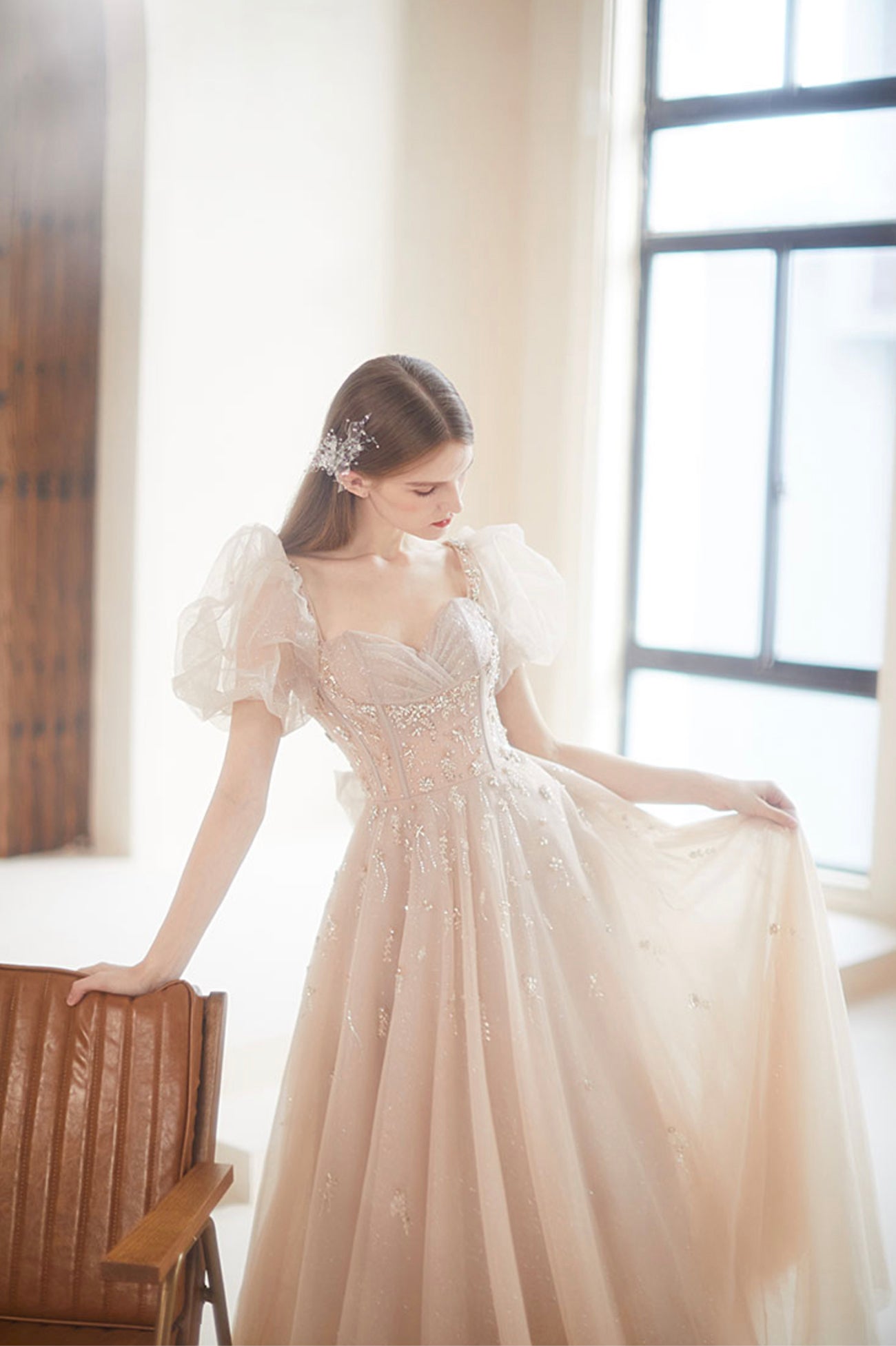 Champagne Tulle Long Prom Dress with Beaded, Cute A-Line Graduation Dress