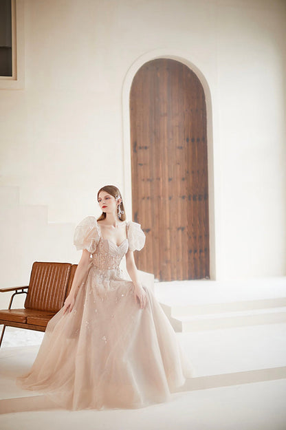 Champagne Tulle Long Prom Dress with Beaded, Cute A-Line Graduation Dress