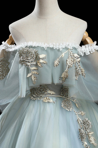 Green Lace Long A-Line Off the Shoulder Prom Dress, Beautiful Evening Party Dress