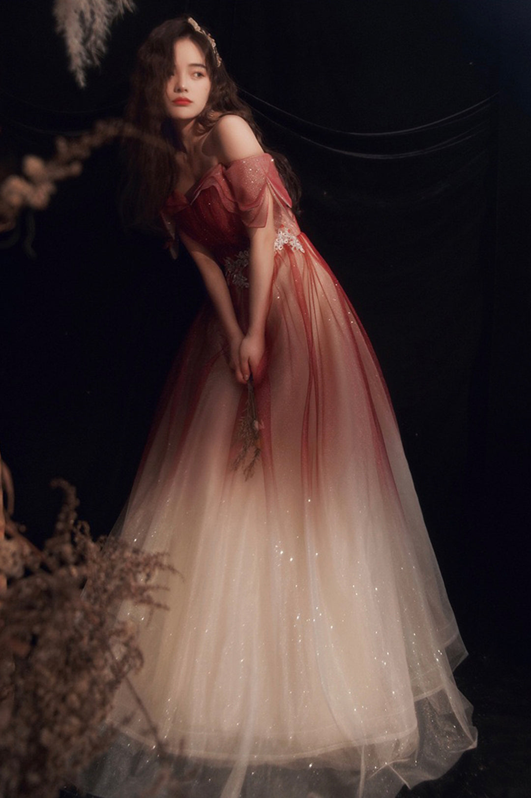 Burgundy Gradient Tulle Long A-Line Prom Dress, Off the Shoulder Evening Party Dress